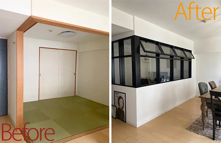 改修前の和室には琉球畳が敷いてありました。襖を取り外したところ腰壁と窓枠を大工さんが仕立て、職人さんがガラスを嵌め込み、最後に別の職人さんが窓枠をブラックに塗装して完成しました